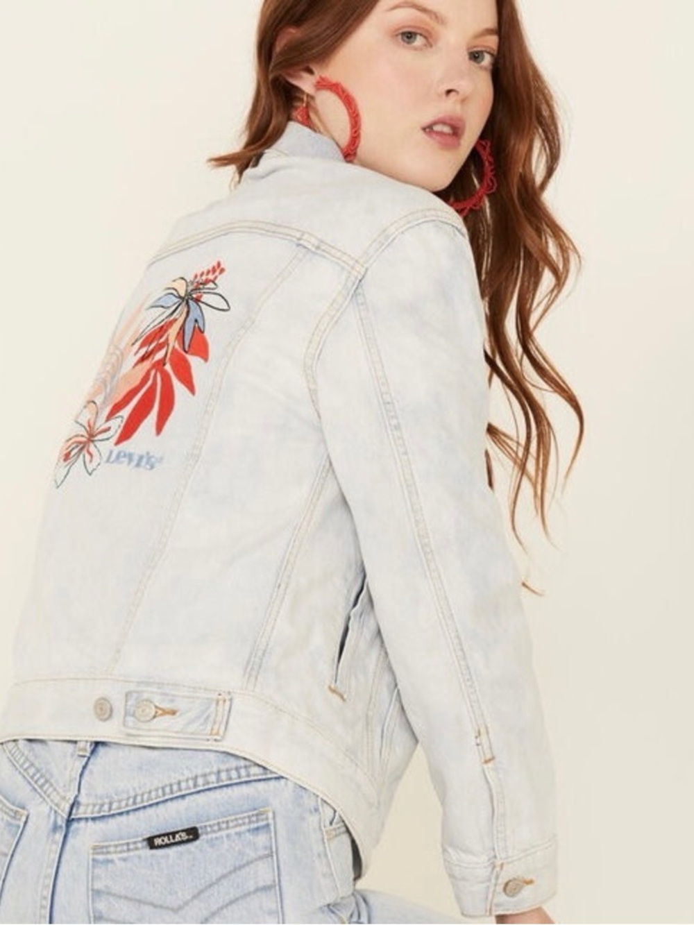 Levi's Light Wash Denim Jacket with Red Floral Back Embroidery